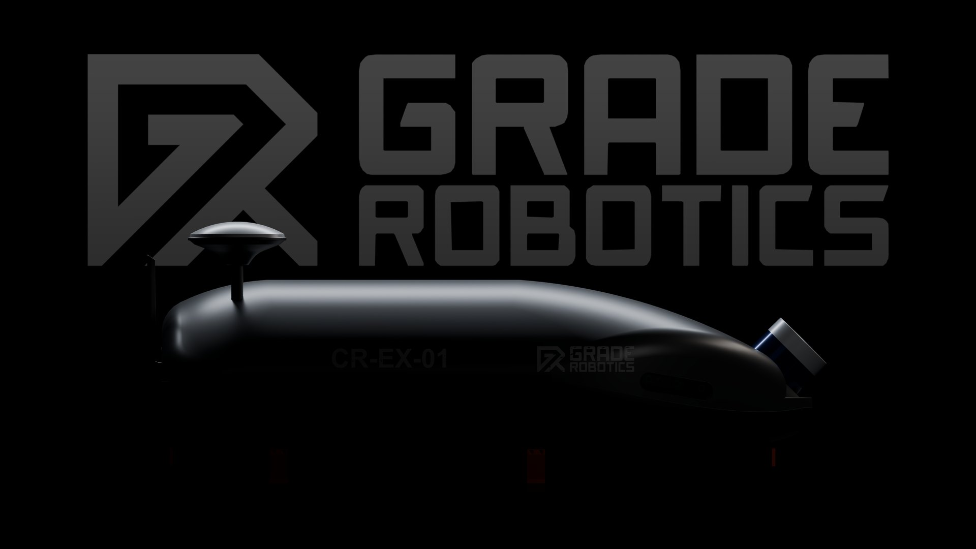 Grade Core in low studio light, side view, in front of the Grade Robotics logo
